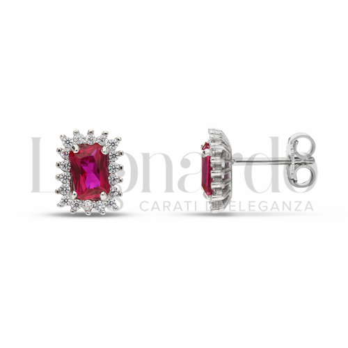 Forma Rettangolo con Pietra di Colore Rosso e zirconi bianchi in Oro Bianco da 2,3gr.