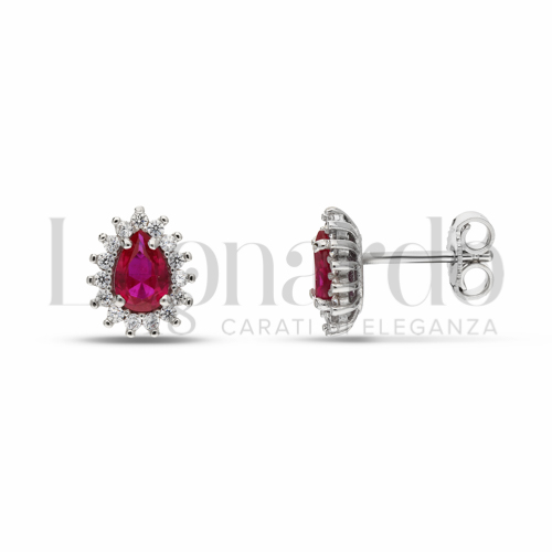 Forma Goccia con Pietra di Colore Rosso e zirconi bianchi in Oro Bianco da 2,2gr.