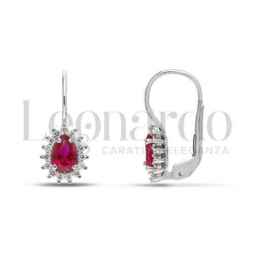 Forma Goccia con Pietra di Colore Rosso e zirconi bianchi in Oro Bianco da 2,5gr.
