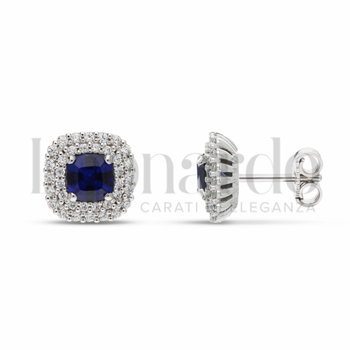 Forma Quadrato con Pietra di Colore Blu e zirconi bianchi in Oro Bianco da 3,3gr.