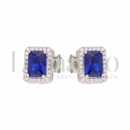 Forma Rettangolo con Pietra di Colore Blu e zirconi bianchi in Oro Bianco da 2,4gr.