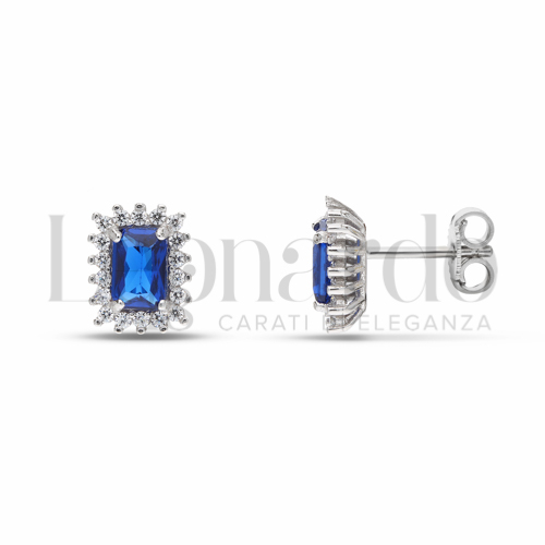 Forma Rettangolo con Pietra di Colore Blu e zirconi bianchi in Oro Bianco da 2,4gr.