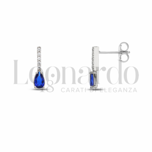 Forma Goccia con Pietra di Colore Blu e zirconi bianchi in Oro Bianco da 1,3gr.