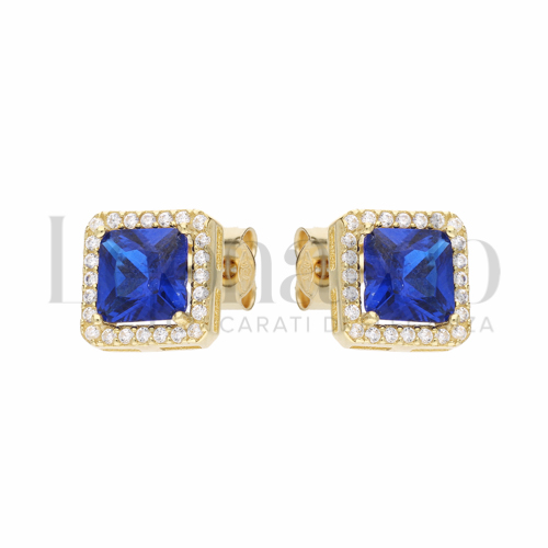 Forma Quadrato con Pietra di Colore Blu e zirconi bianchi in Oro Giallo da 2,4gr.