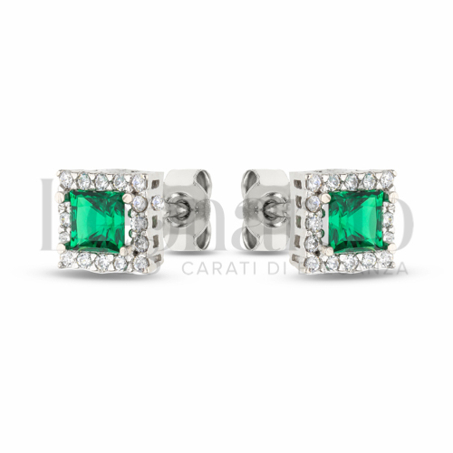 Forma Quadrato con Pietra di Colore Verde e zirconi bianchi in Oro Bianco da 2,2gr.