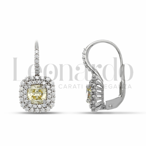 Forma Quadrato con Pietra Idrotermale Giallo Fancy e zirconi bianchi in Oro Bianco da 4gr.