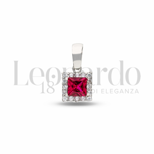 Forma Quadrato con Pietra di Colore Rosso e zirconi bianchi in Oro Bianco da 1gr.