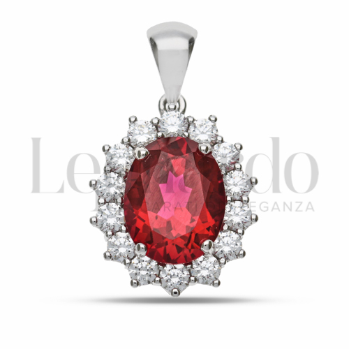 Forma Ovale con Pietra di Colore Rosso e zirconi bianchi in Oro Bianco da 2,8gr.