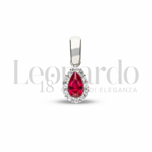 Forma Goccia con Pietra di Colore Rosso e zirconi bianchi in Oro Bianco da 1gr.