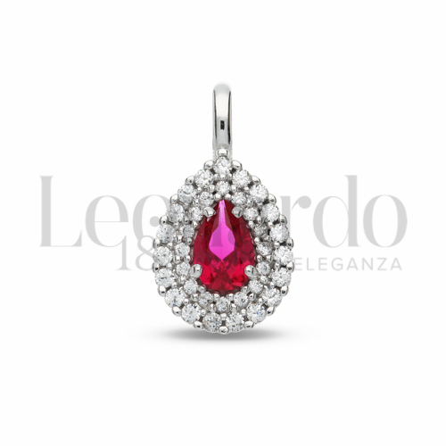 Forma Goccia con Pietra di Colore Rosso e zirconi bianchi in Oro Bianco da 1,5gr.