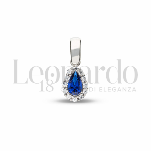 Forma Goccia con Pietra di Colore Blu e zirconi bianchi in Oro Bianco da 1gr.