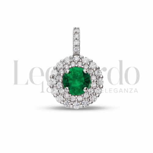 Forma Tondo con Pietra di Colore Verde e zirconi bianchi in Oro Bianco da 1,4gr.