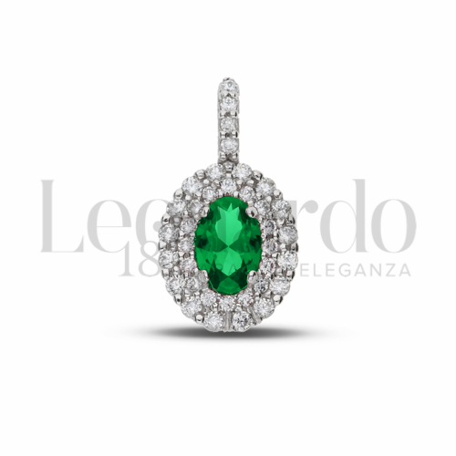 Forma Ovale con Pietra di Colore Verde e zirconi bianchi in Oro Bianco da 1,3gr.