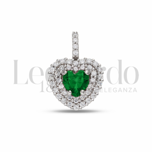 Forma Cuore con Pietra di Colore Verde e zirconi bianchi in Oro Bianco da 1,3gr.