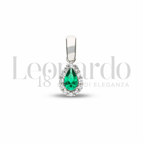Forma Goccia con Pietra di Colore Verde e zirconi bianchi in Oro Bianco da 0,9gr.