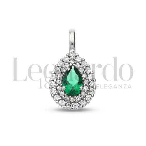Forma Goccia con Pietra di Colore Verde e zirconi bianchi in Oro Bianco da 1,5gr.