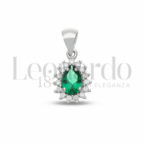 Forma Goccia con Pietra di Colore Verde e zirconi bianchi in Oro Bianco da 1gr.
