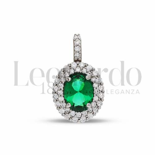 Forma Ovale Grande con Pietra di Colore Verde e zirconi bianchi in Oro Bianco da 1,8gr.