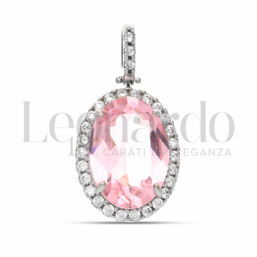 Forma Ovale con Pietra Idrotermale Rosa e zirconi bianchi in Oro Bianco da 3gr.