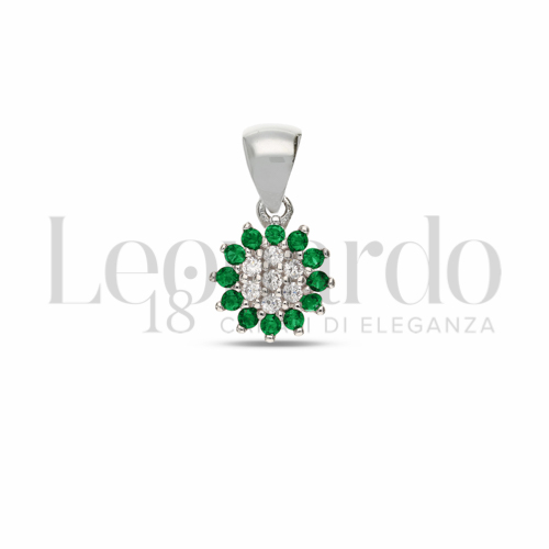 Forma Tondo con Cuore di zirconi bianchi e contorno di zirconi verdi in Oro Bianco da 0,7gr.
