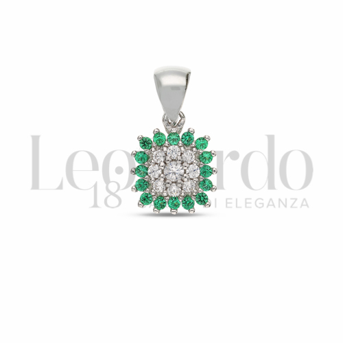 Forma Quadrato con Cuore di zirconi bianchi e contorno di zirconi verdi in Oro Bianco da 0,9gr.