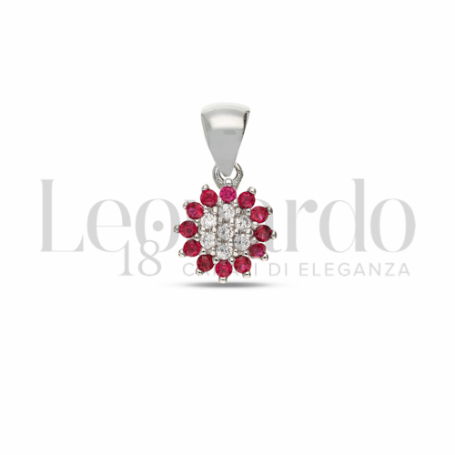 Forma Tondo con Cuore di zirconi bianchi e contorno di zirconi rossi in Oro Bianco da 0,7gr.