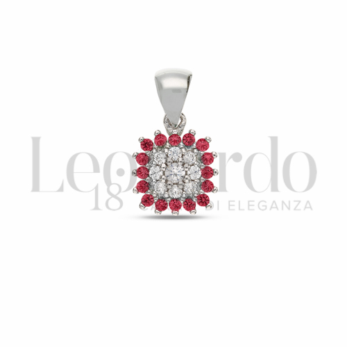Forma Quadrato con Cuore di zirconi bianchi e contorno di zirconi rossi in Oro Bianco da 0,9gr.