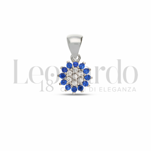 Forma Tondo con Cuore di zirconi bianchi e contorno di zirconi blu in Oro Bianco da 0,7gr.