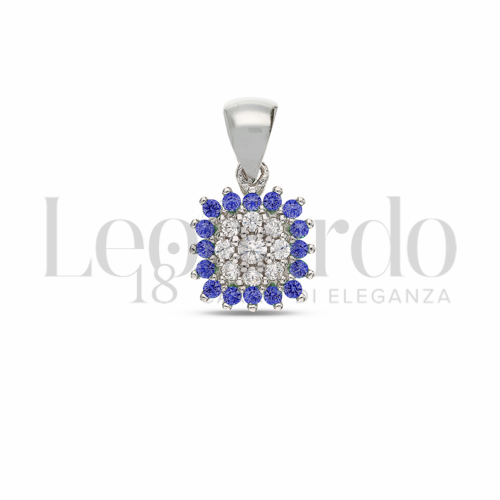 Forma Quadrato con Cuore di zirconi bianchi e contorno di zirconi blu in Oro Bianco da 0,9gr.