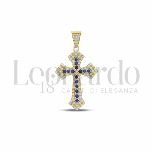 Modello Senza Cristo con Pav&egrave; di Zirconi Bianchi e Zirconi Blu in Oro Giallo da 6,1gr.