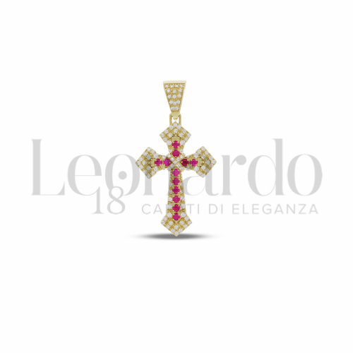 Modello Senza Cristo con Pav&egrave; di Zirconi Bianchi e Zirconi Rossi in Oro Giallo da 4,7gr.