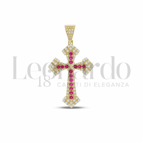 Modello Senza Cristo con Pav&egrave; di Zirconi Bianchi e Zirconi Rossi in Oro Giallo da 8,1gr.