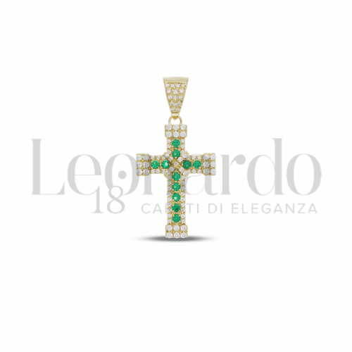 Modello Senza Cristo con Pav&egrave; di Zirconi Bianchi e Zirconi Verdi in Oro Giallo da 4gr.