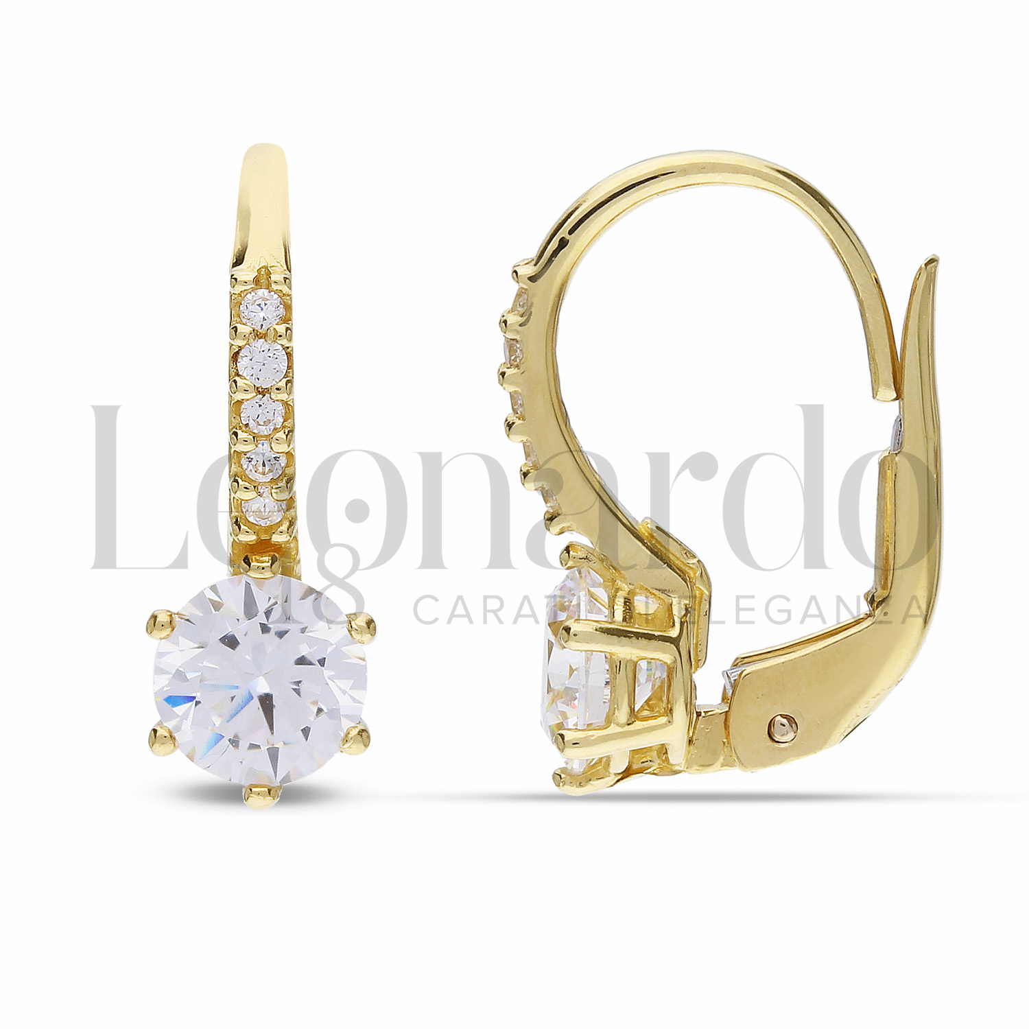 Orecchini Oro Giallo 9kt (375) Con Pietre Tonde CZ 8mm – Design A Grappolo, Lunghezza 14mm, Ago Sottile